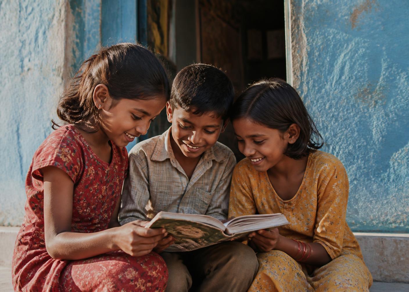 Three children reading a shared book on a doorstep